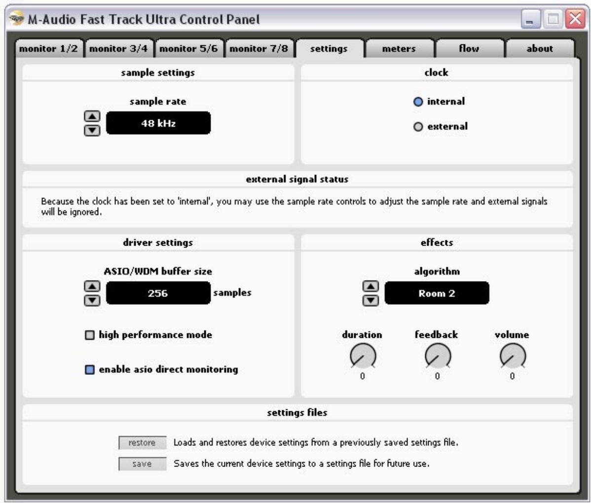 M-AUDIO FAST TRACK ULTRA - Onglet "Settings"(Réglages) - 1