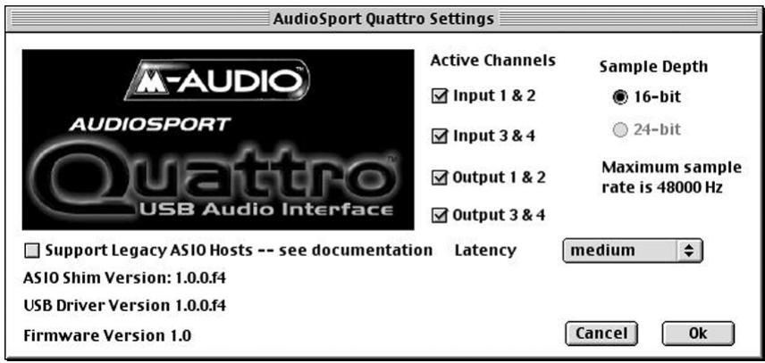 M-AUDIO QUATTRO USB - Panneau de configuration ASIO et modes d'opération sur Mac - 1
