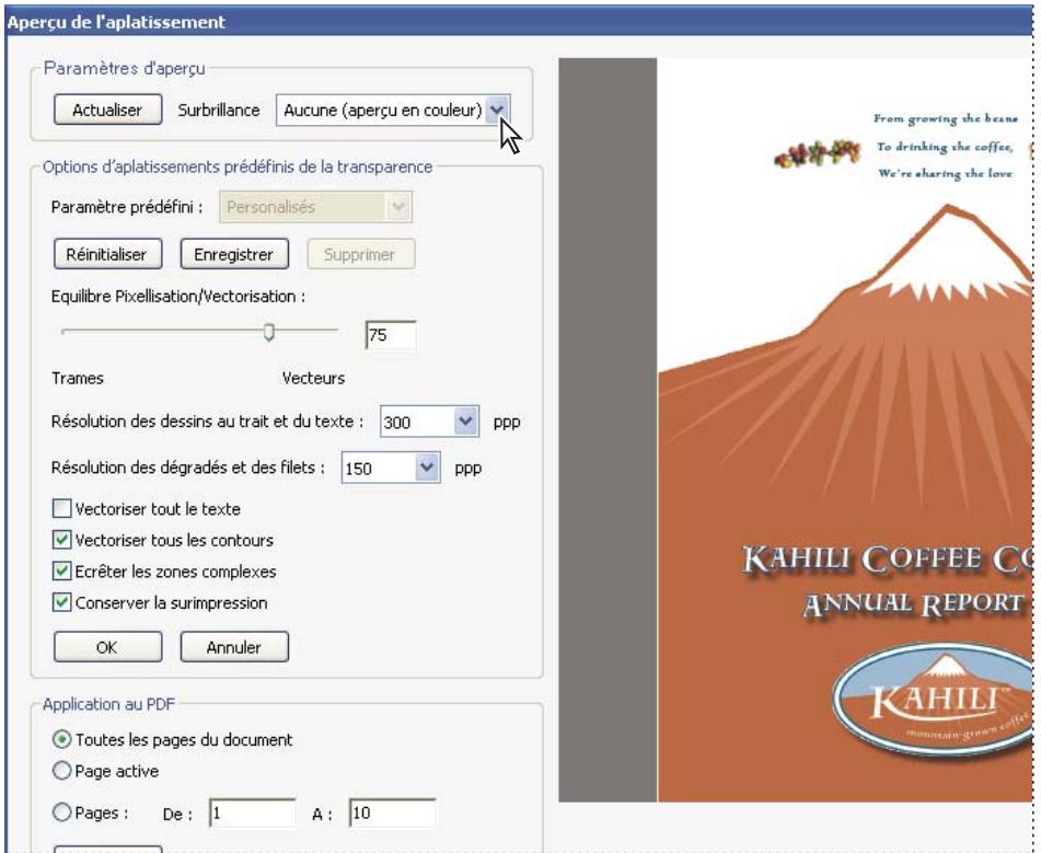 ADOBE ACROBAT 8 PROFESSIONAL - Présentation de la boîte de dialogue Aperçu de l'aplaitissement - 1