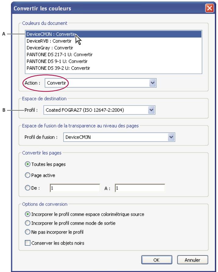 ADOBE ACROBAT 8 PROFESSIONAL - Présentation de la boîte de dialogue Convertir les couleurs - 1