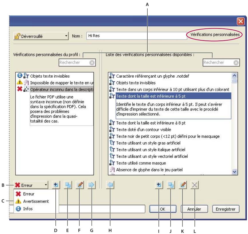 ADOBE ACROBAT PRO EXTENDED 9.0 - Présentation de la boîte de dialogue Contrôle en amont : Modifier le profil (Vérifications personalisées) - 1