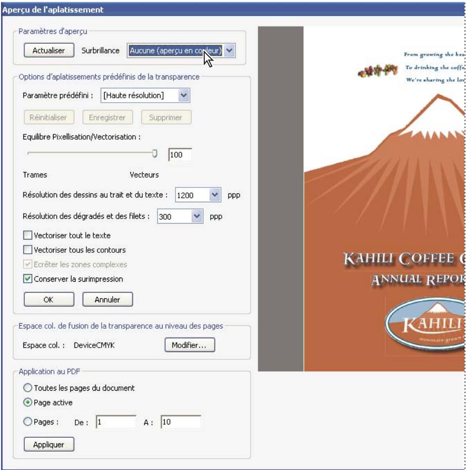 ADOBE ACROBAT PRO EXTENDED 9.0 - Présentation de la boîte de dialogue Aperçu de l'aplâtissement - 1