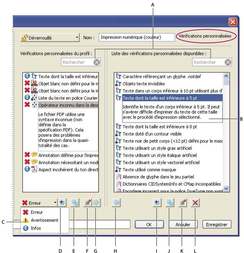 ADOBE ACROBAT XI - Présentation de la boîte de dialogue Contrôle en amont : Modifier le profil (Vérifications personalisées) - 1