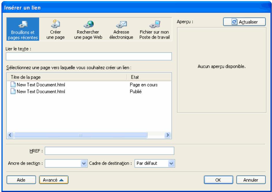 ADOBE CONTRIBUTE CS3 - Pour creator un lien vers un brouillon ou une page récemment publiée sur votre site Web : - 1