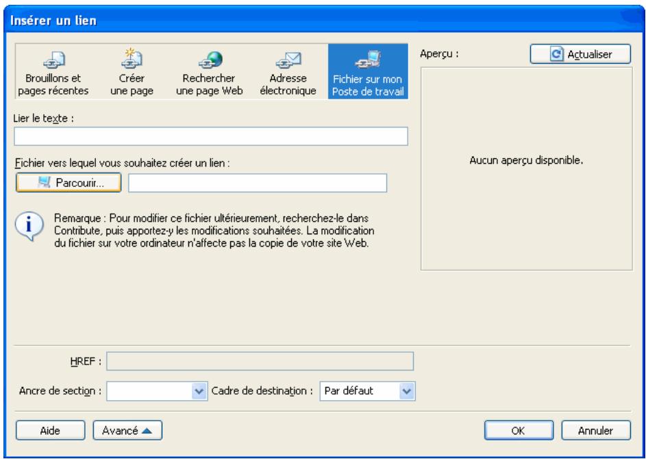 ADOBE CONTRIBUTE CS3 - Pour creator un lien pointant vers un fisier de suaive ordinateur a l'aide de la boite de dialogue Inserer un lien : - 1