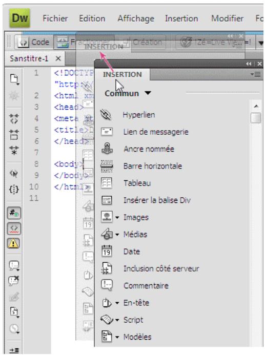 ADOBE DREAMWEAVER CS5 - Affichage du panneau Insertion sous la forme d'une barre Insertion horizontalie - 1