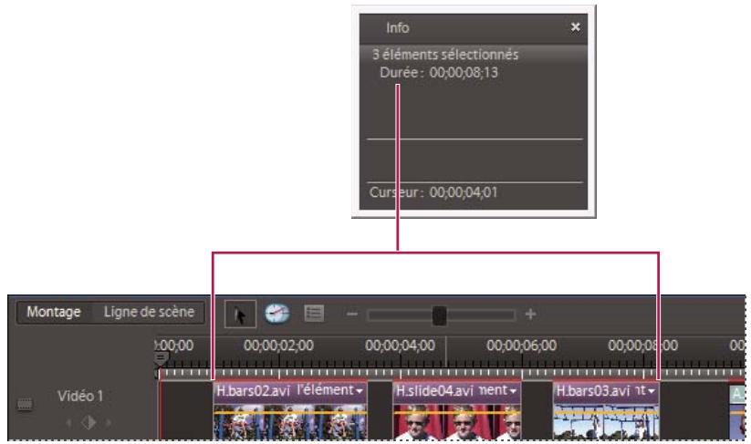 ADOBE PREMIERE ELEMENTS 8 - Affichage de la durée des éléments sélectionnés dans le montage - 1