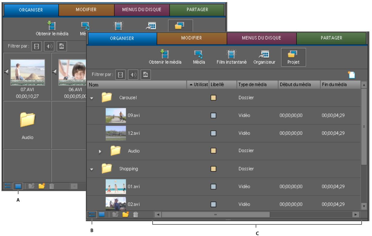 ADOBE PREMIERE ELEMENTS 8 - Affichage et organisation des objets dans le panneau Média - 1