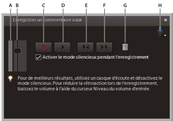 Enregistrer un commentaire vocal Activer le mode silencieux pendant l'enregistrement Pour de meilleurs résultats, utilisez un casque d'écoute et désactivez le mode silencieux. Pour réduire la rétroaction lors de l'enregistrement, baissez le volume à l'aide du curseur Niveau du volume d'entrée.