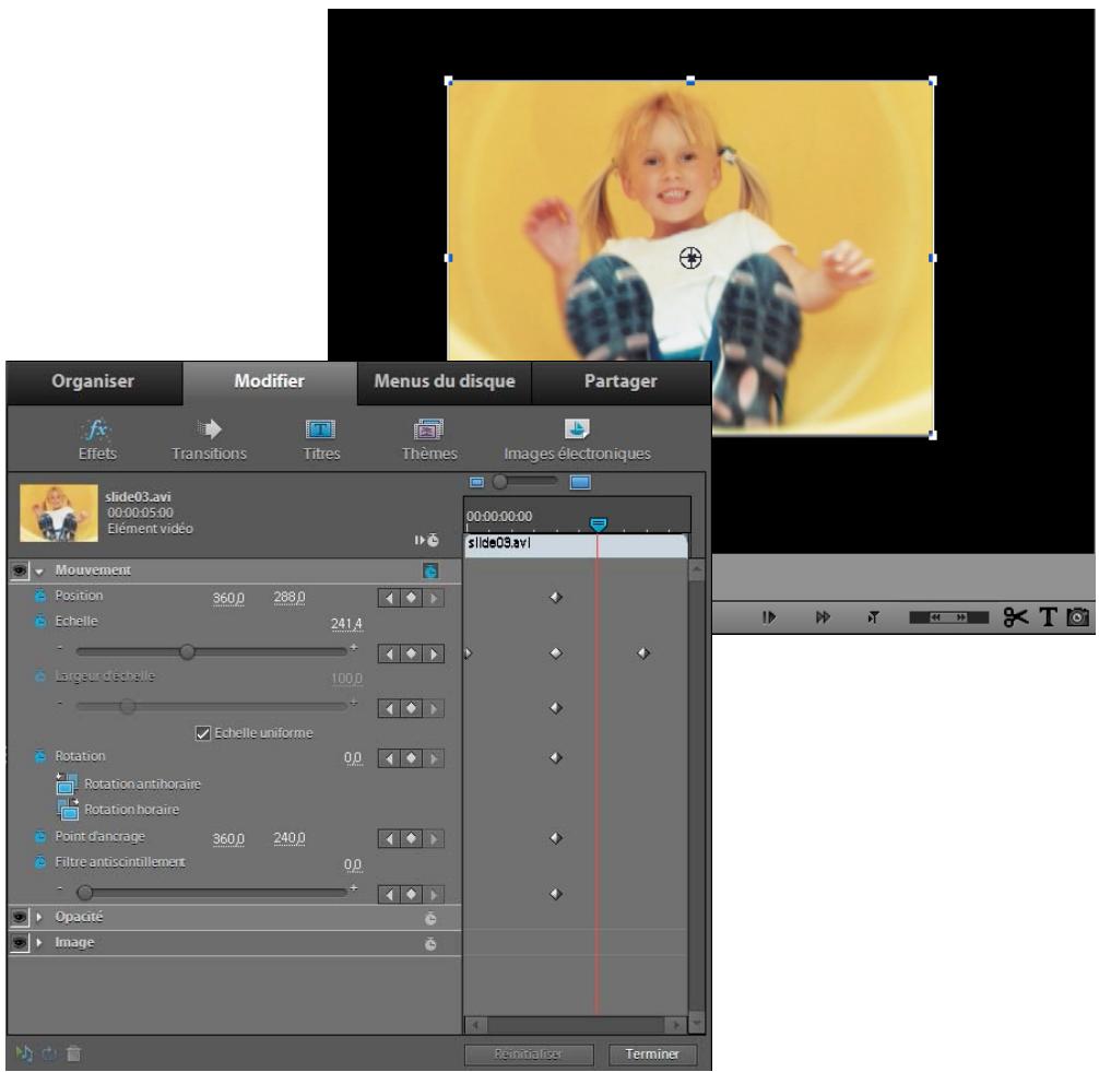 Organiser Modifier Menus du disque Partager Effets Transitions Titres Thèmes Images électroniques slide03.avi 00:00:05:00 Elément vidéo 00:00:00:00 slide03.avi Mouvement Position 360,0 288,0 Echelle 241,4 Largeur d'échelle 100,0 Echelle uniforme Rotation 0,0 Rotation antihoraire Rotation horaire Poi…