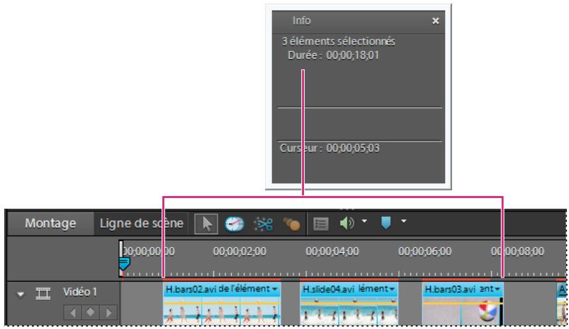 Info 3 éléments sélectionnés Durée : 00:00:18:01 Curseur : 00:00:05:03 Montage Ligne de scène 00:00:00 00:00:02:00 00:00:04:00 00:00:06:00 00:00:08:00 Vidéo 1 H.bars02.avi de l'élément H.slide04.avi lément H.bars03.avi ant