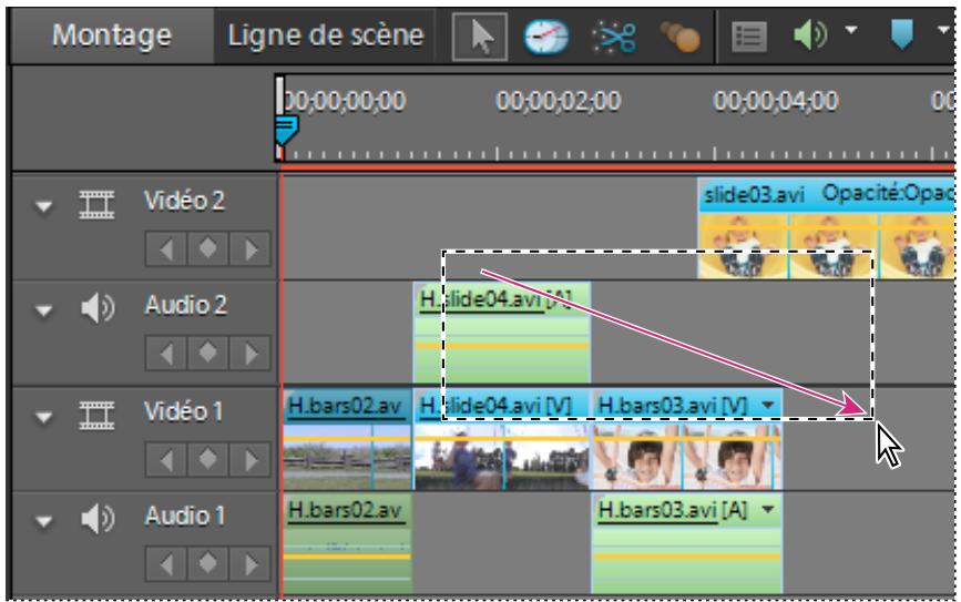 Montage Ligne de scène 00:00:00:00 00:00:02:00 00:00:04:00 00 Vidéo 2 Audio 2 Vidéo 1 Audio 1 H.bars02.av H.bars02.av H.;slide04.avi [V] H.;slide04.avi [V] H.;bars03.avi [A] H.;bars03.avi [V]