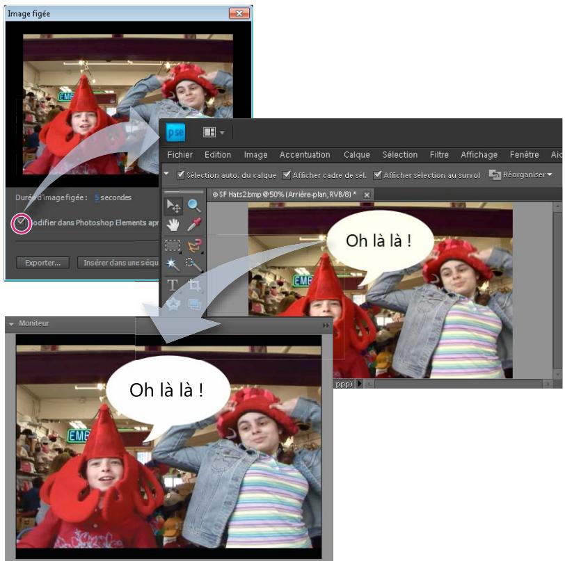 Image figée Durch d'image figée: 5 secondes Modifier dans Photoshop Elements apr Exporter... Insérer dans une séqu Fichier Edition Image Accentuation Calque Sélection Filtre Affichage Fenêtre Aio Sélection auto. du calque Afficher cadre de sél. Afficher sélection au survol Réorganiser © $F Hats2bmp@…
