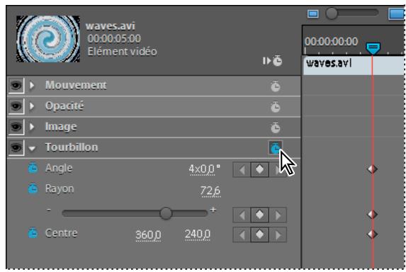 waves.avi 00:00:05:00 Elément vidéo Mouvement Opacity Image Tourbillon Angle 4x0.0" Rayon 72.6 - Centre 360.0 240.0 waves.avi