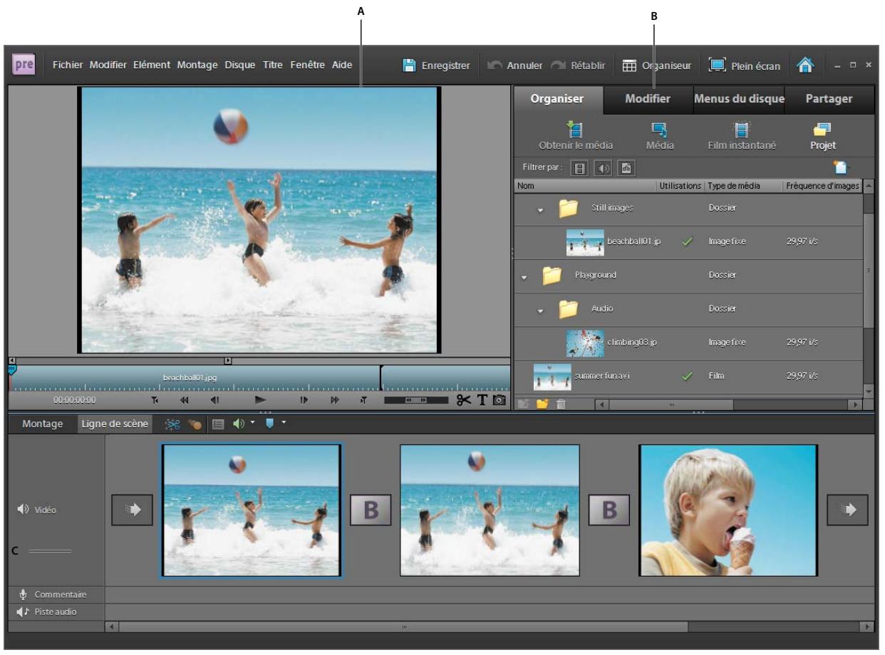 pre Fichier Modifier Elément Montage Disque Titre Fenêtre Aide Enregistrer Annuler Rétablir Organiseur Plein écran Organiser Modifier Menus du disque Partager Obtenir le média Média Film instantané Projet Filtrer par: Nom Utilisations Type de média Fréquence d'images Still images Dossier beachball01…
