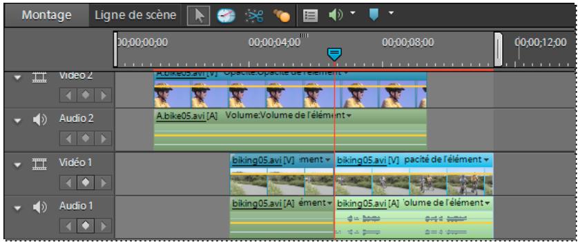 Montage Ligne de scène 00:00:00:00 00:00:04:00 00:00:08:00 00:00:12:00 Video 2 Audio 2 Vidéo 1 Audio 1 A.bike05.avi [V] Opacité Opacité de l'élément Volume Volume de l'élément biking05.avi [V] ment biking05.avi [V] pacité de l'élément biking05.avi [A] ément biking05.avi [A] volume de l'élément