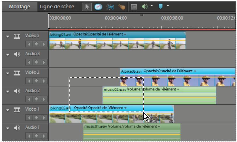 Montage Ligne de scène 00:00:00:00 00:00:04:00 00:00:08:00 00:00:12:00 biking01.avi Opacité:Opacité de l'élément Abike05.avi Opacité:Opacité de l'élément music02.wav Volume:Volume de l'élément biking05.avi Opacité:Opacité de l'élément music01.wav Volume:Volume de l'élément