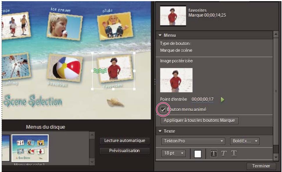 Scene ice cream slide limbing peachball favorites Scene Selection Menu du disque Lecture automatique Prévisualisation Favorites favonites Marque 00:00:14:25 Menu Type de bouton: Marque de scène Image postérisée Point d'entrée 00:00:00:17 ☑ Bouton menu animé Appliquer à tous les boutons Marque Texte…