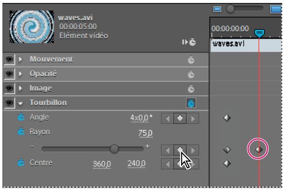 waves.avi 00:00:05:00 Elément vidéo Mouvement Opacité Image Tourbillon Angle 4x0.0° Rayon 75.0 - + Centre 360.0 240.0