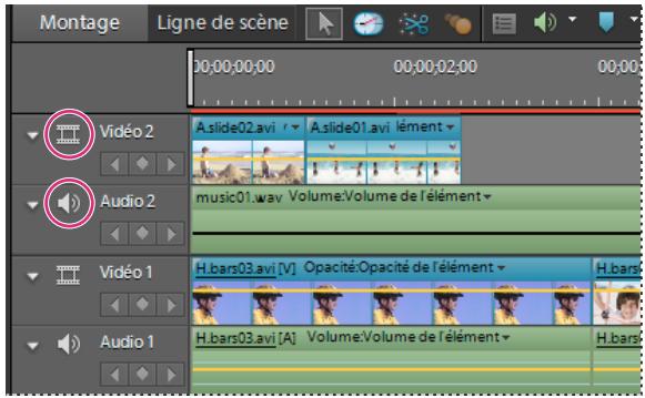 Montage Ligne de scène 00:00:00:00 00:00:02:00 00:00:03:00 A slide02.avi A slide01.avi lément music01.wav Volume:Volume de l'élément H.bars03.avi [V] Opacité:Opacité de l'élément H.bars03.avi [A] Volume:Volume de l'élément Audio 1 Audio 2