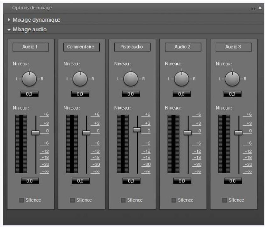 Options de mixage Mixage dynamique Mixage audio Audio 1 Commentaire Piste audio Audio 2 Audio 3 Niveau: L - R 0,0 Niveau: L - R 0,0 Niveau: L - R 0,0 Niveau: L - R 0,0 Niveau: L - R 0,0 Niveau: +6 +3 0 -6 -12 -18 -30 -∞ Niveau: +6 +3 0 -6 -12 -18 -30 -∞ Niveau: +6 +3 0 -6 -12 -18 -30 -∞ Silence Sile…
