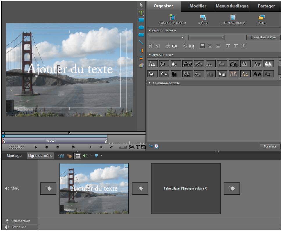 Organiser Modifier Menus du disque Partager Obtenir le média Média Film instantané Projet Options de texte Enregistrer le style T 68 0.0 Av 0.0 T T T Styles de texte Aa Aa Aa Aa Aa Aa Aa Aa Aa Aa Aa Aa Aa Aa Aa Aa Aa Aa Animation de texte Tage 02 00:00:00:27 Terminer Montage Ligne de scène Aoutér du…