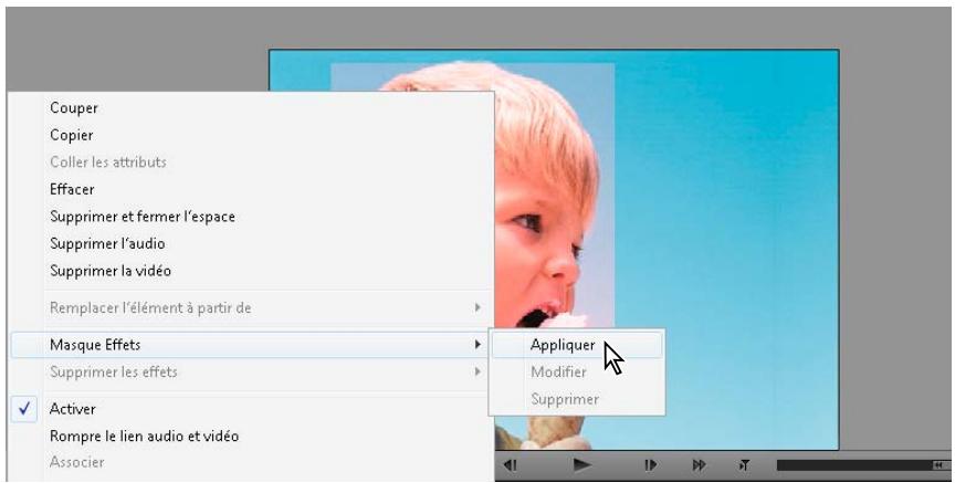 Couper Copier Coller les attributs Effacer Supprimer et fermer l'espace Supprimer l'audio Supprimer la vidéo Remplacer l'élément à partir de Masque Effets Supprimer les effets Appliquer Modifier Supprimer Activer Rompre le lien audio et vidéo Associer
