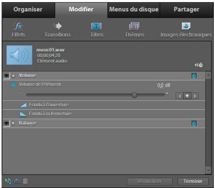 Organiser Modifier Menus du disque Partager fx Effets Transitions Titres Thèmes Images électroniques music01.wav 00:00:04:28 Elément audio Volume Volume de l'élément 0,0 dB - Fondu à l'ouverture Fondu à la fermeture Balance Réinitialiser Terminer