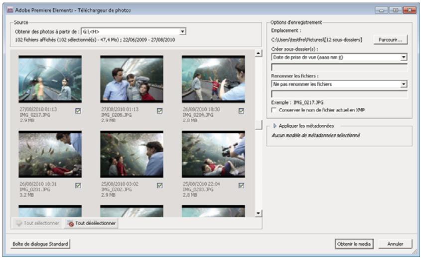 Adobe Premiere Elements - Téléchargeur de photos Source Obtenir des photos à partir de : G:\1> 102 fichiers affichés (102 sélectionné(s) - 47,4 Mo) ; 22/06/2009 - 27/08/2010 Options d'enregistrement Enplacement : C:\Users\testfire\Pictures[12 sous-dossiers] Parcourir... Créer sous-dossier(s) : Date…