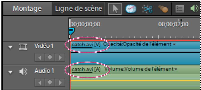Montage Ligne de scène 00:00:00:00 00:00:02:00 Vidéo 1 catch.avi [V] Opacité:Opacité de l'élément Audio 1 catch.avi [A] Volume:Volume de l'élément