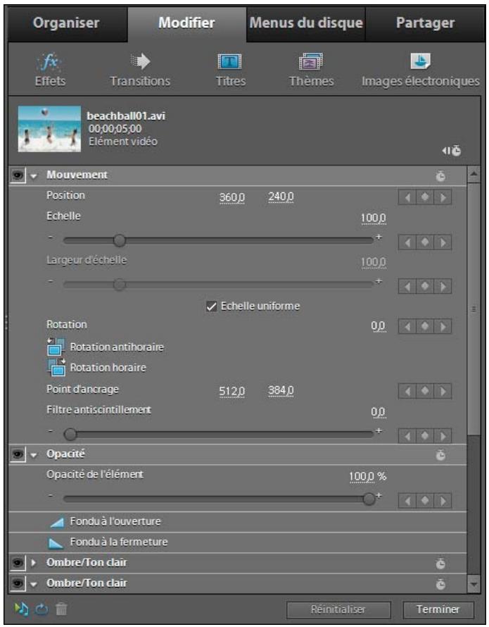 Organiser Modifier Menus du disque Partager fx Effets Transitions Titres Thèmes Images électroniques beachball01.avi 00:00:05:00 Elément vidéo Mouvement Position 360.0 240.0 Echelle 100.0 - + Largeur d'échelle 100.0 - + Echelle uniforme Rotation 0.0 Rotation antihoraire Rotation horaire Point d'ancr…