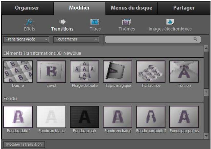 Organiser Modifier Menus du disque Partager Effets Transitions Titres Thèmes Images électroniques Transitions vidéo Tout afficher Éléments Transformations 3D NewBlue Darnier Envol Pliage de boîte Tapis magique Tic Tac Toe Torsion Fondu Fondu additif Fondu au blanc Fondu au noir Fondu enchaîné Fondu…
