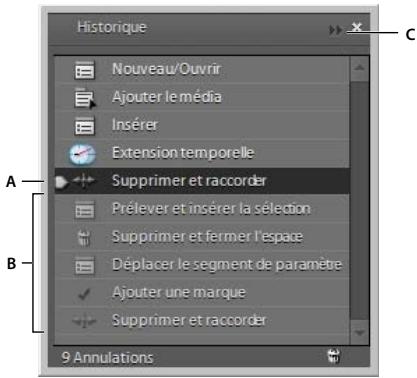 Historique Nouveau/Ouvrir Ajouter le média Insérer Extension temporelle Supprimer et raccorder Prélever et insérer la sélection Supprimer et fermer l'espace Déplacer le segment de paramètre Ajouter une marque Supprimer et raccorder 9 Annulations