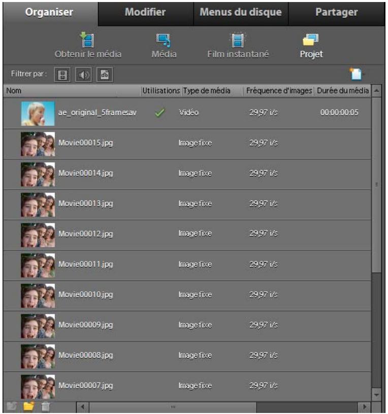 Organiser Modifier Menus du disque Partager Obtenir le média Média Film instantané Projet Filtrer par : Nom Utilisations Type de média Fréquence d'images Durée du média ae_original_5framesav Vidéo 29,97 i/s 00:00:00:05 Movie00015.jpg Image fixe 29,97 i/s Movie00014.jpg Image fixe 29,97 i/s Movie0001…