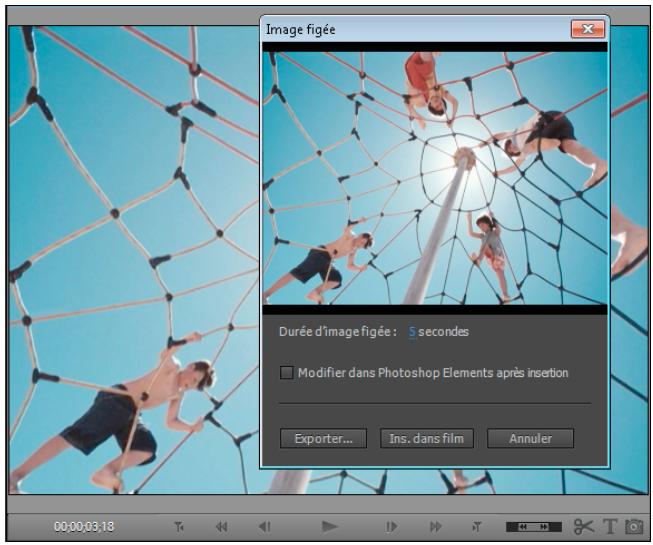Image figée Durée d'image figée: 5 secondes Modifier dans Photoshop Elements après insertion Exporter... Ins. dans film Annuler