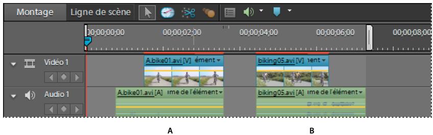 Montage Ligne de scène 00:00:00:00 00:00:02:00 00:00:04:00 00:00:06:00 00:00:08:00 Vidéo 1 Audio 1 A bike01.avi [V] ément biking05.avi [V] lent A bike01.avi [A] ime de l'élément biking05.avi [A] ime de l'élément A B