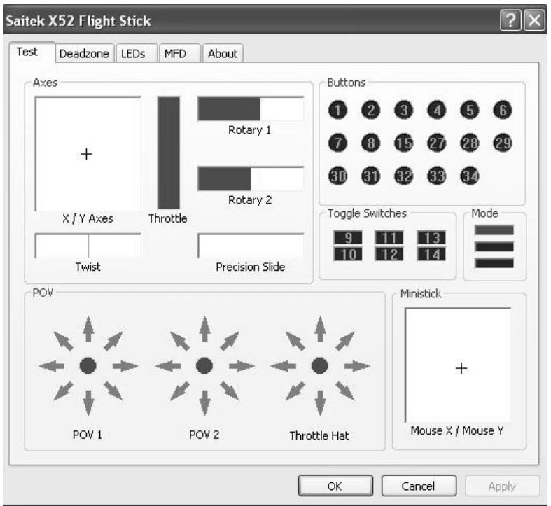 SAITEK X52 FLIGHT CONTROL SYSTEM - Click the Test tab. - 1