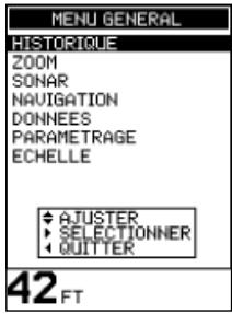 NAVMAN FISH 4430 - Ecran MENU general - 1
