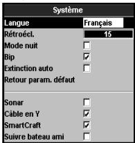 NAVMAN TRACKFISH 6500 - Options du menu Paramétrage - 1