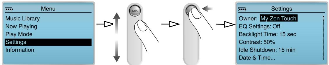 CREATIVE ZEN TOUCH 40GB - Sélection d'options de menu - 1