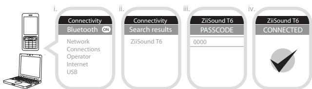 CREATIVE ZIISOUND T6 - B Appuyez sur le bouton CONNECT pendant 3 secondes lorsque le ZiiSound est allumé. Le voyant BLEU s'allume et clignote rapidement. - 2