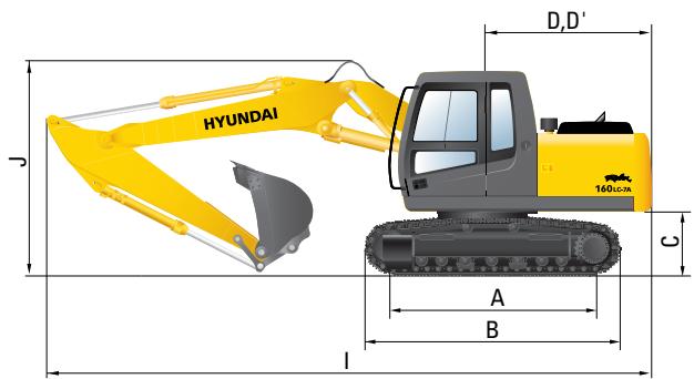 HYUNDAI R160LC-7A - Dimensions R160LC7-A, flèche en 2 parties - 1