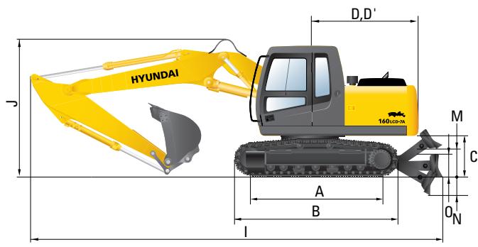 HYUNDAI R160LC-7A - Dimensions R160LCD7-A, flèche en 2 parties - 1