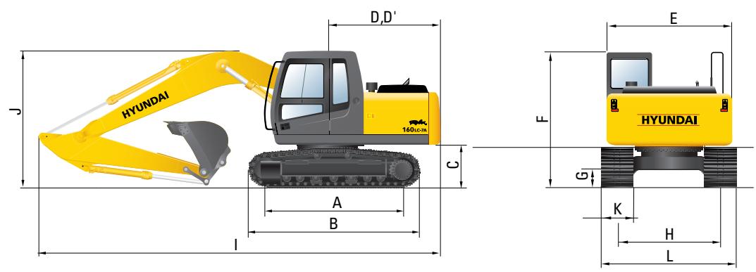 HYUNDAI R160LC-7A - Dimensions et Rayons d'action - 2