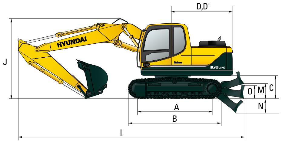 HYUNDAI R160LC-9 - Dimensions et Rayons d'action - 1