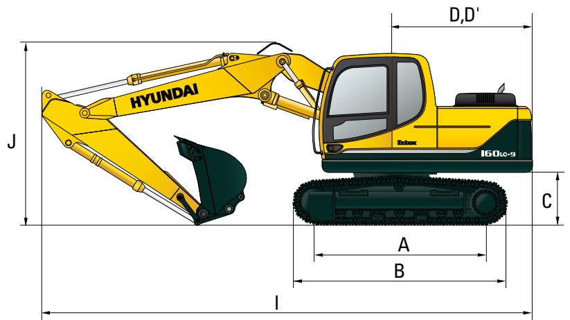 HYUNDAI R160LC-9 - Dimensions et Rayons d'action - 1