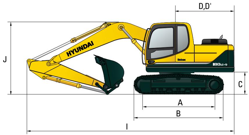 HYUNDAI R180LC-9 - Dimensions et Rayons d'action - 1
