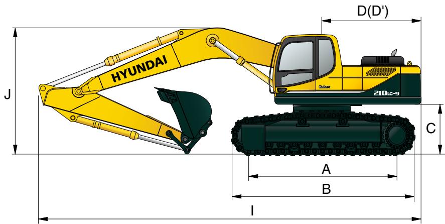 HYUNDAI R210LC-9 - Dimensions et rayon d'action - 1