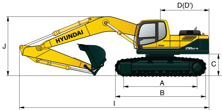 HYUNDAI R210LC-9 - Dimensions et rayon d'action - 1