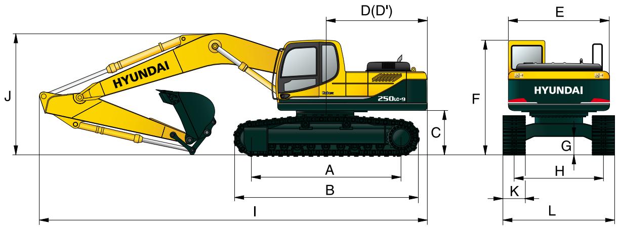 HYUNDAI R250LC-9 - Dimensions et rayons d'action - 1